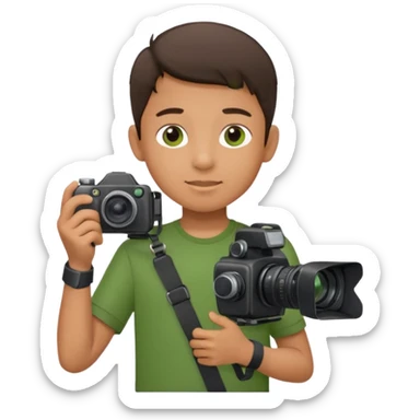 young boy cameraman hold a camera, green sticker
