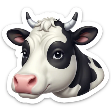 Meme-Worthy Cute Sleeping Black and White Cow Portrait Emoji, Head resting peacefully with a contented smile, showcasing a robust build and a luxuriously soft contrasting coat of black and white, eyes shut in a serene, restful nap, Simplified yet hilariously adorable features, highly detailed, glowing with a soft, drowsy light, high shine, relaxed and utterly lovable, stylized with an air of playful laziness, bright and heartwarming, soft glowing outline, capturing the essence of a comically sleepy cow, so meme-worthy it feels like it could instantly become the next viral sensation of adorable slumber! sticker