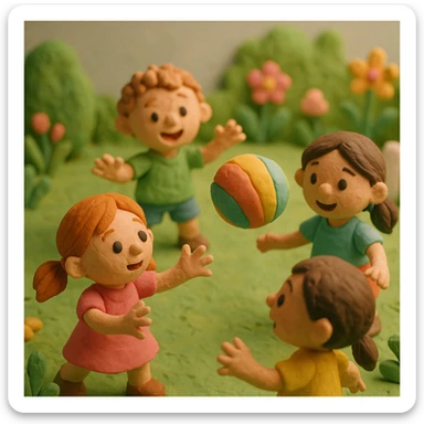 Children playing with a ball in a garden, claymation style, pastel colors, visible fingerprints, matte plasticine texture. sticker
