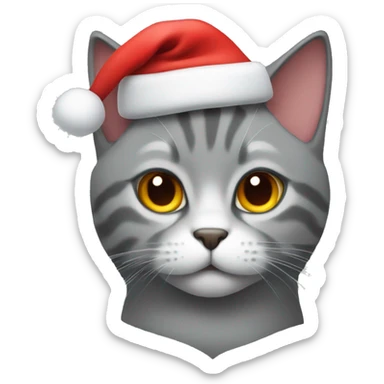 A grey cat with a red Santa hat sticker