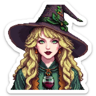 pale woman, long wavy blonde hair with bangs, green eyes, wine lipstick, wearing witch outfit and hat, pixel art sticker