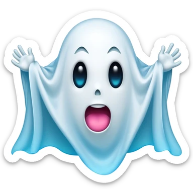 A hilariously exaggerated floating sheet ghost, its simple yet expressive form billowing with animated energy in vibrant whites and pale blues, with two wide, comically shocked eyes and a quirky, startled mouth, simplified yet overflowing with personality, highly detailed with a soft neon-like glowing outline, capturing the playful absurdity of a ghost caught off guard! sticker