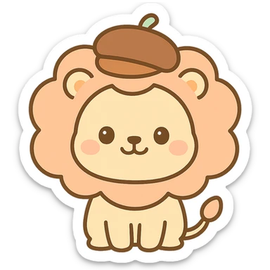 chibi kawaii lion, chestnut hat, round face, soft gentle colors, smiling warmly sticker