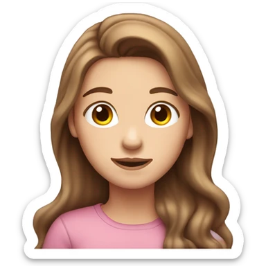 emoji of a white girl with long brown hair that falls below her shoulders. She has a friendly expression and is wearing bright clothing. The background should be a soft pastel color sticker