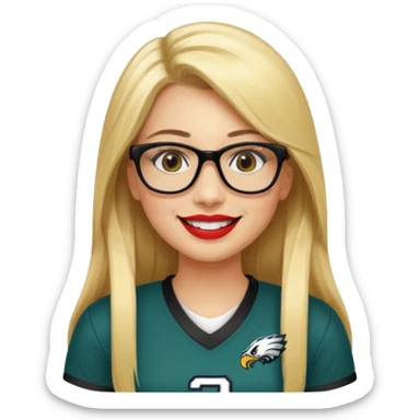 long blonde straight hair, black small glasses, smiling, lipstick, full length eagles football uniform, 33 sticker