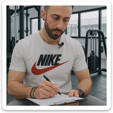 Personal trainer in a gym, inspired by the person in the reference photo, preparing a personalized workout plan for a client, in a professional and motivating environment. sticker