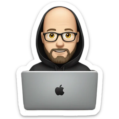 bald white man with glasses and a black beard typing on apple computer wearing a black hoodie sticker