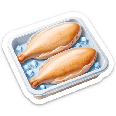 A pack of frozen chicken breasts inside a home freezer, sealed in clear plastic packaging with frost on the surface. The freezer shelves have other frozen items in the background, and cool white light reflects off the ice. Realistic photography, everyday kitchen scene. sticker