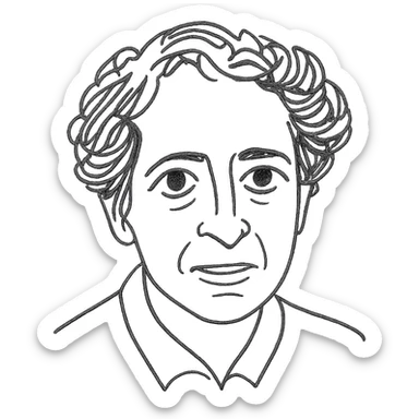 a hand drawn black outline portrait of Hannah Arendt with similar size eyes based a famous photograph of her sticker
