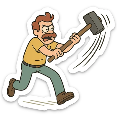 a cartoon figure swinging a sledgehammer, motion lines, energetic, dynamic action pose sticker