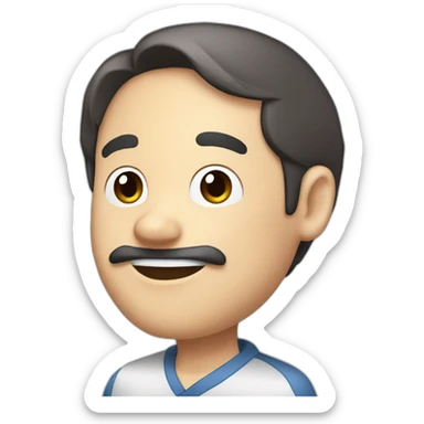 Cute dark brown-haired Japanese uncle with a smiling, thick round face, slightly droopy eyes, thin eyebrows and a large head, holding a colored brush and a graphite pencil sticker