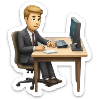 tired teacher man trying to work in a table with a computer sticker