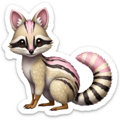 Pastel White with pastel Pink-spotted numbat-genet-Trico-Vernid-Cacomistl-Fakémon-hybrid-fusion-creature (full body) sticker