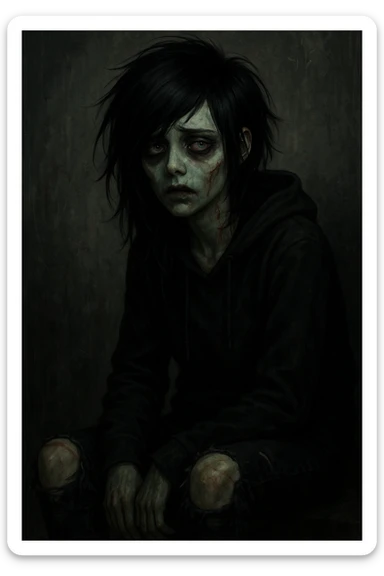 girl zombie with black hair, emo style, expressive face, dark clothing, pale skin, subtle scars sticker