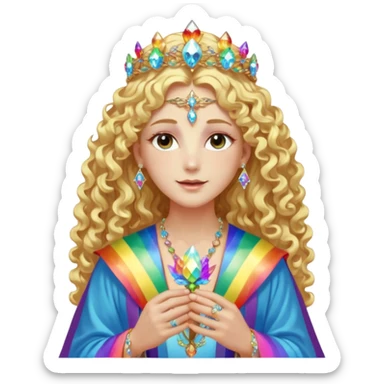 a being made of light pleidian nordic long faces and curly blond hair but beautiful features of light wearing jewels and a rainbow halo like a saint arount herwith a robe on made of light and diamonds semi transparent belly dancer and who is lanky holding a bouquet of crystal flowers on rainbow fire sticker