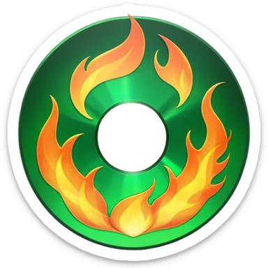 A minimalist CD disc with a subtle fire design, green flames sticker