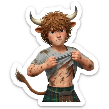 buff curly hairy man covered in dirt with freckles with messy light brown bangs that covers his face completely with bull horns and bull ears and bull tail dressed in kilt rips his T-shirt apart with wind in his hair sticker
