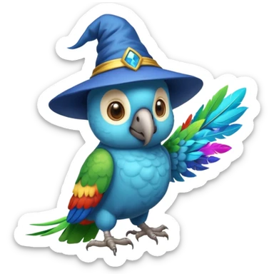 A cyan parrot with a wizard's hat sticker