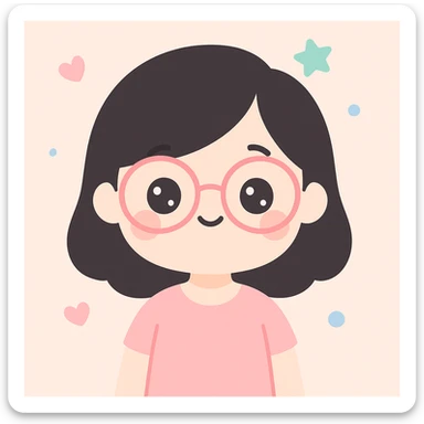 a black-haired woman wearing glasses, cute cartoon style sticker