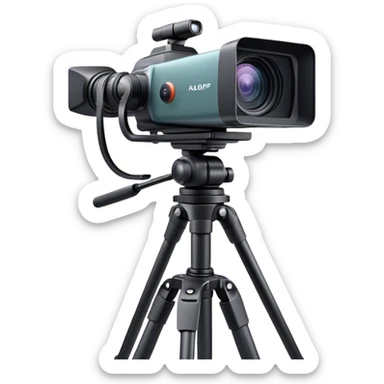 Create an emoji for video recording. Show a  single lens professional video camera with screen and image on it, on heavy tripod. Use modern, professional colors. Do not include any emojis or smiley faces. Make the background transparent. sticker