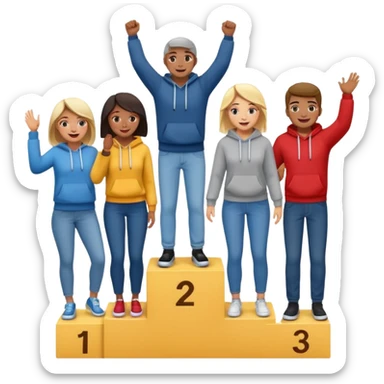 winners podium with multi-racial people, center step higher, no numbers, fun casual clothes like jeans and hoodies, excited fun expressive emoji style sticker