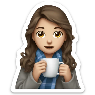 Girl with brown hair and blue eyes sipping on a tea wrapped in a grey plaid blanket  sticker