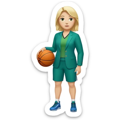 Full Body white plus size female basketball head coach with basket ball and clipboard  blonde hair past the shoulder length in a blue and green suit sticker
