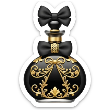 Black perfume bottle with black bow and ornate gold accents sticker