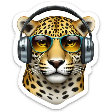 fashionable jaguar dj, emoji head, looking forward, wearing reflective sunglasses, wearing colorful big over-ear headphones on top of head sticker