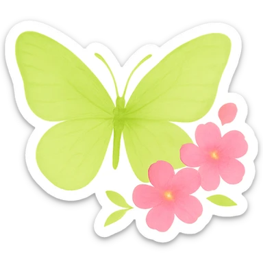 Create a one-to-one butterfly and flowers as in the example image. The butterfly should be green with color #c0ff53. The flowers should be bright neon pink. Add more sparkle, glow, and subtle gold details. Use a watercolor art style. Remove the background. sticker