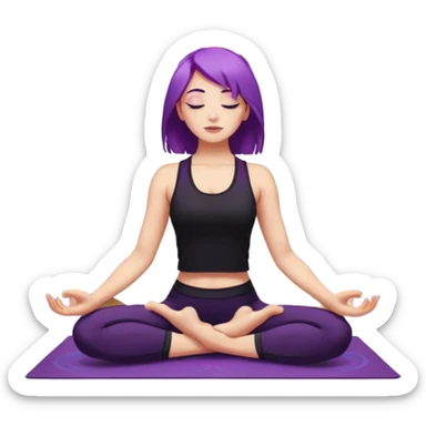 A young woman with purple hair doing yoga in the camel pose (Ustrasana), wearing a black sports outfit, minimalistic background with mandala pattern and colorful stars, soft lighting, peaceful atmosphere, digital illustration style. sticker