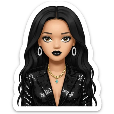 Rihanna with long jet black hair, black sequin outfit sticker