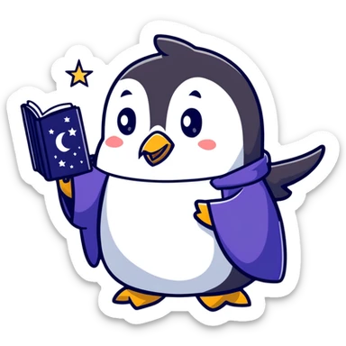 Cute penguin wizard with a flowing starry robe and magical spellbook sticker