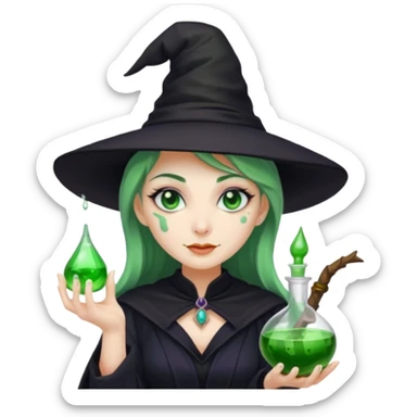 Witch with Green Skin – long-nosed witch in black hat holding potion sticker