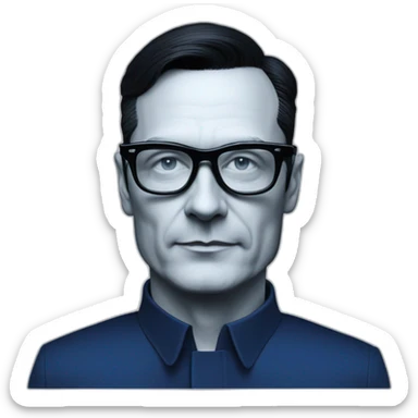 photo realistic Ralf Hutter from Kraftwerk, short straight black hair, black glasses, Dark Blue T-shirt, lean, riding black tesla model 3 sticker