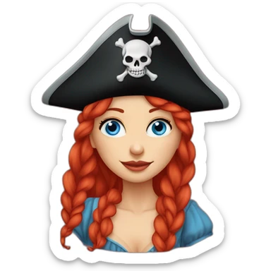 Woman long red platted hair hanging down to left, pirate hat. One side of head has no hair. Blue eyes. skull and crossbones t shirt sticker