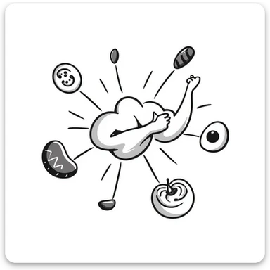 Glowing muscle fibers in the center, with protein foods (meat, egg, beans, tofu, yogurt) floating around but connected to each other forming a unified chain or cluster orbiting the muscle fibers. sticker