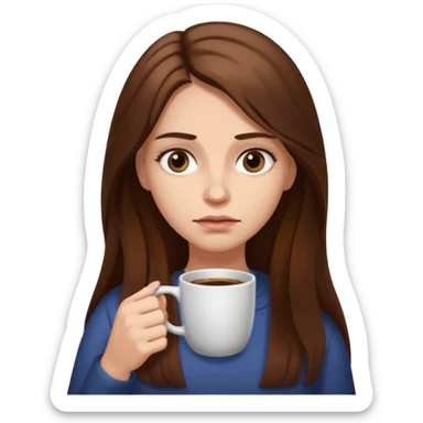 create a woman long hair brown, holding her cup of coffee looking exausted  sticker