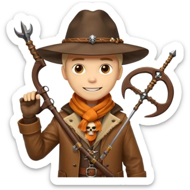 male human monster hunter emoji, wearing brown leather coat and wide hat, holding crossbow or rifle, with amulet shaped like skull, Halloween fantasy theme, confident smile, orange scarf, Apple emoji style, clean white background, square image sticker