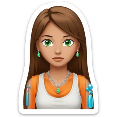A girl with long brown straight hair, green eyes, and a white tank top; she doesn't have bangs. she wear a lot of silver jewerly tan skin sticker