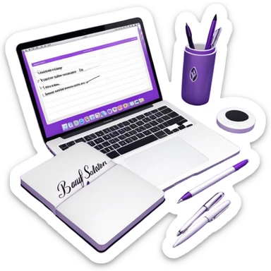 top view of a MacBook and a notebook with a pen nearby, notebook with visible notes, MacBook screen showing a beauty salon logo on a purple background sticker