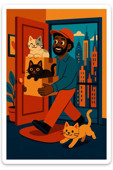 Edit the image to have one cat white and gray, the other cat dark brown and black. The man should have medium length curly hair and be wearing a cap. Keep the NYC apartment moving scene and overall style consistent. sticker