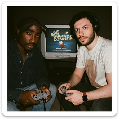 Create a 90s grunge analog photo featuring a famous rapper in Tupac style (not recognizable) and the boy from the reference photo sitting in front of a CRT TV with Ape Escape on Playstation 1. The room is dark, both hold controllers, and they look at the camera with flash on, creating a retro atmosphere. sticker
