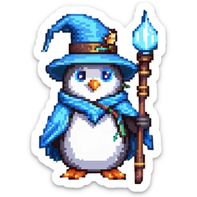 penguin wizard with a pointy hat and magic staff sticker