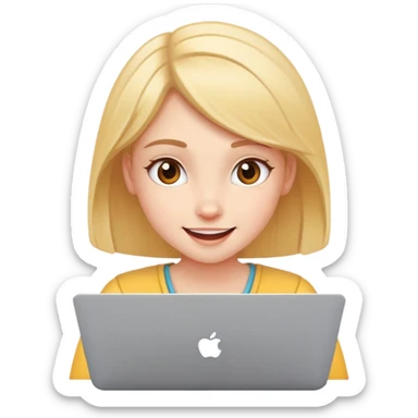 girl video editor facing a laptop, cheerful expression sticker
