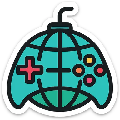 icon style of a stylized gaming controller with the main surface as a globe with meridians sticker