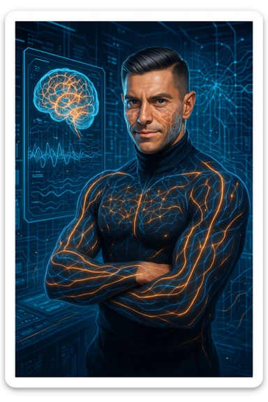 "Neuroscientist using advanced visualization to reprogram muscle development pathways, brain scans showing neural networks firing to stimulate muscle growth, expression of scientific breakthrough, his body responding to optimized mental training protocols, muscle memory being created without physical movement, consciousness hacking biological systems for muscle development" sticker