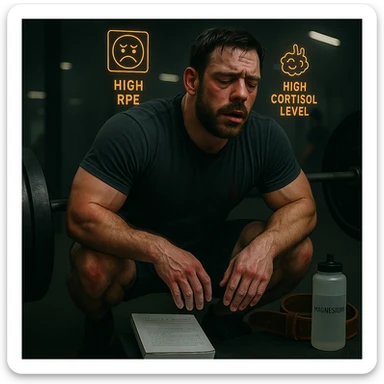 Add floating icons for high RPE and cortisol above the head, maintaining the palette and cinematic style. sticker