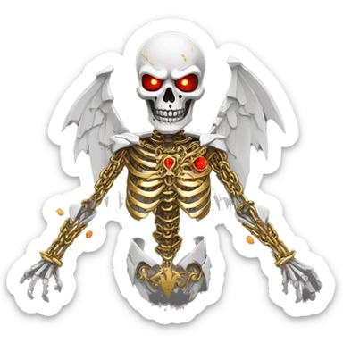 White skeleton zombie person covered in golden chains and black graffiti scribbles and red and silver doodles wings made of neon lightning snowing snowflakes sticker
