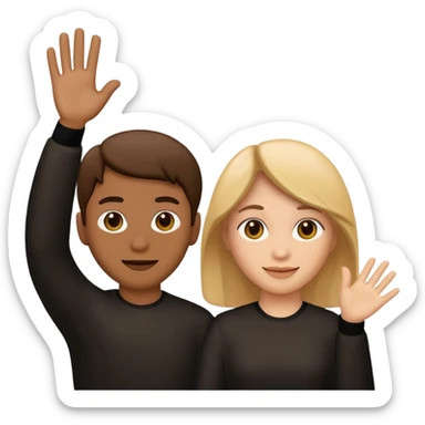 two characters seen from behind, waving emoji style sticker